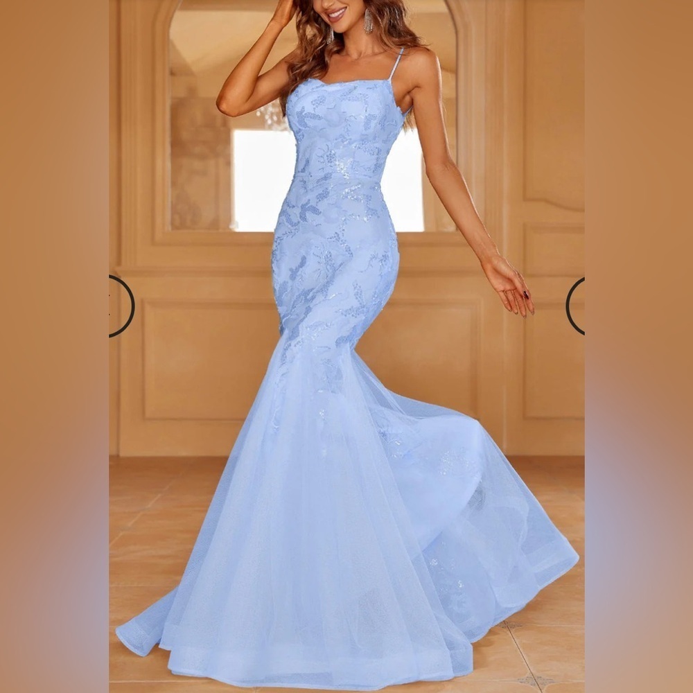 Spaghetti Strap Lace Up Backless Sequin Mermaid Dresses - Picture 2 of 4